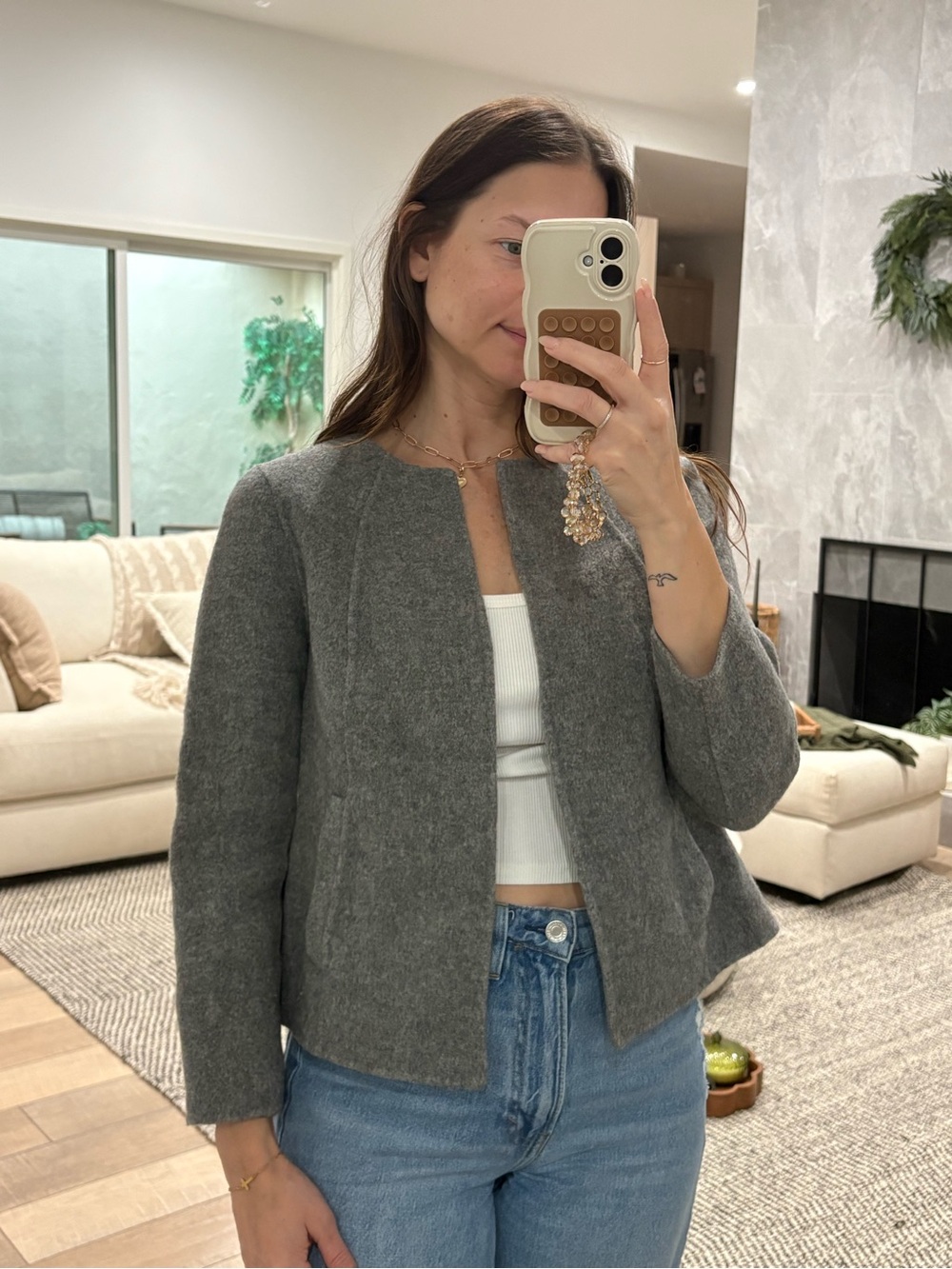 Talbots 90% Wool Collarless Open Front Jacket Gray Petite MP